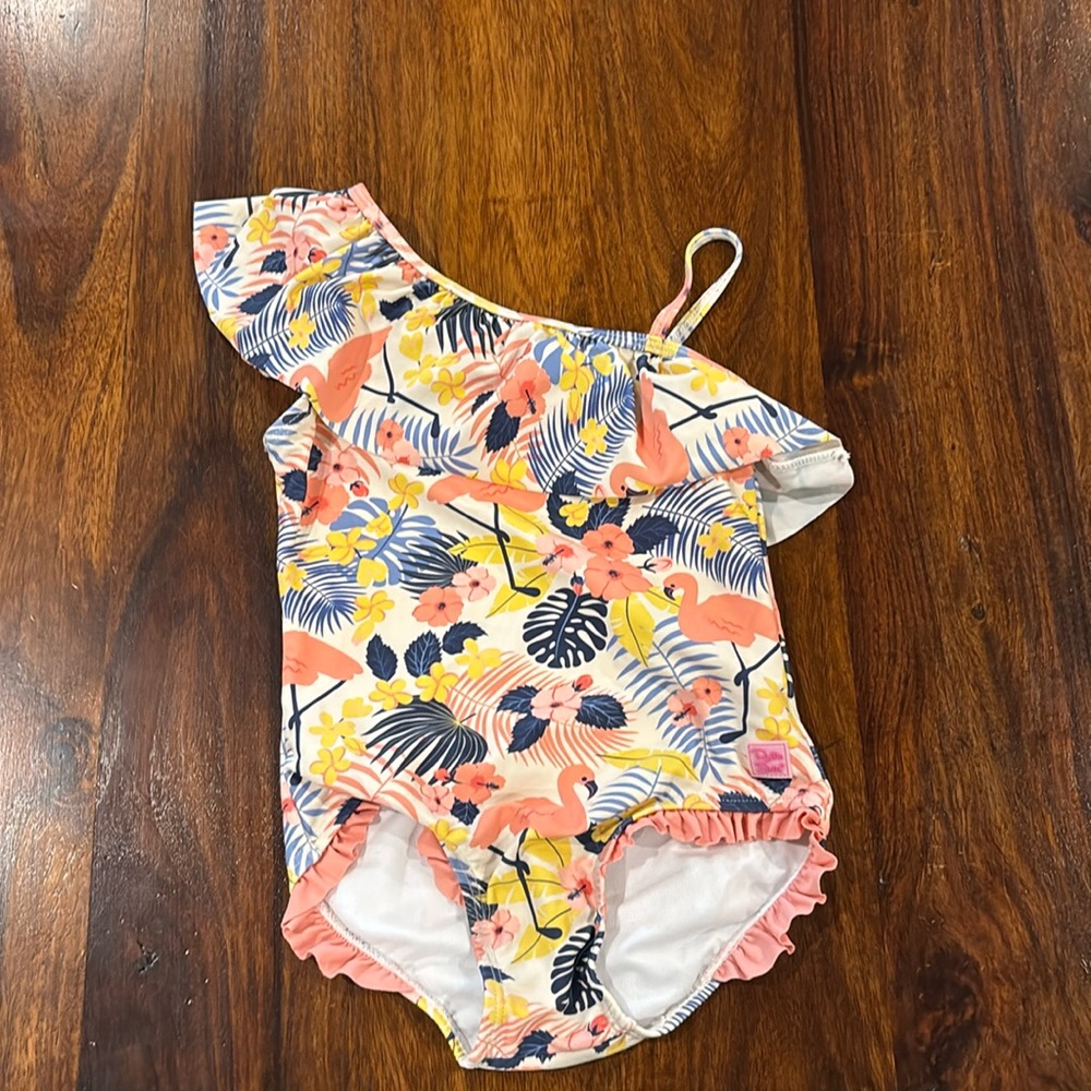 RuffleButts Size 5 One-Shoulder Flamingo Swimsuit